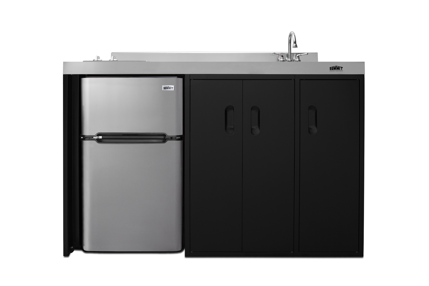 54 inch wide all-in-one kitchenette in black with a removable 2-burner 115V smooth top cooktop, 2-door refrigerator-freezer, sink, and two storage cabinets